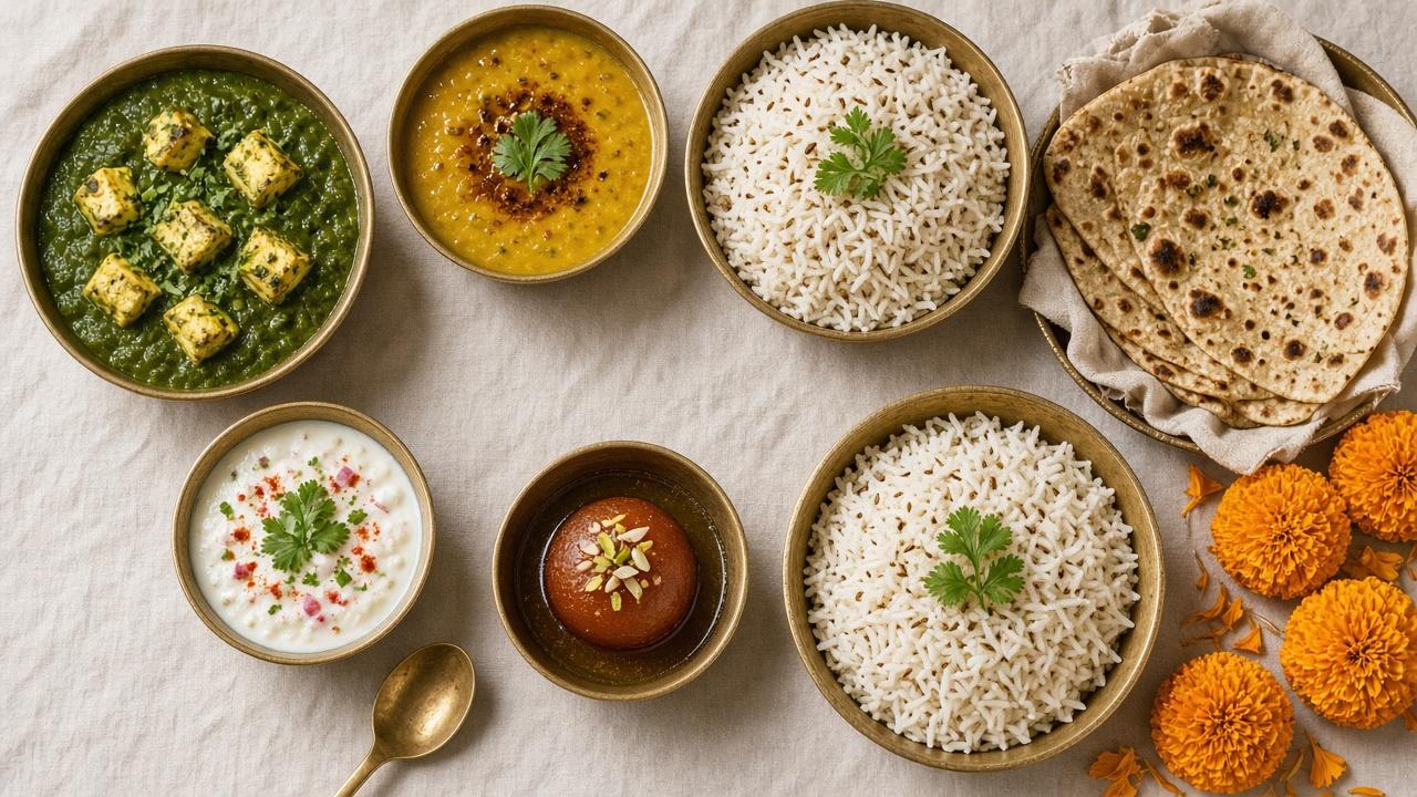 A Yogiplate family lunch of sabzi, rice, roti, raita, and a sweet
